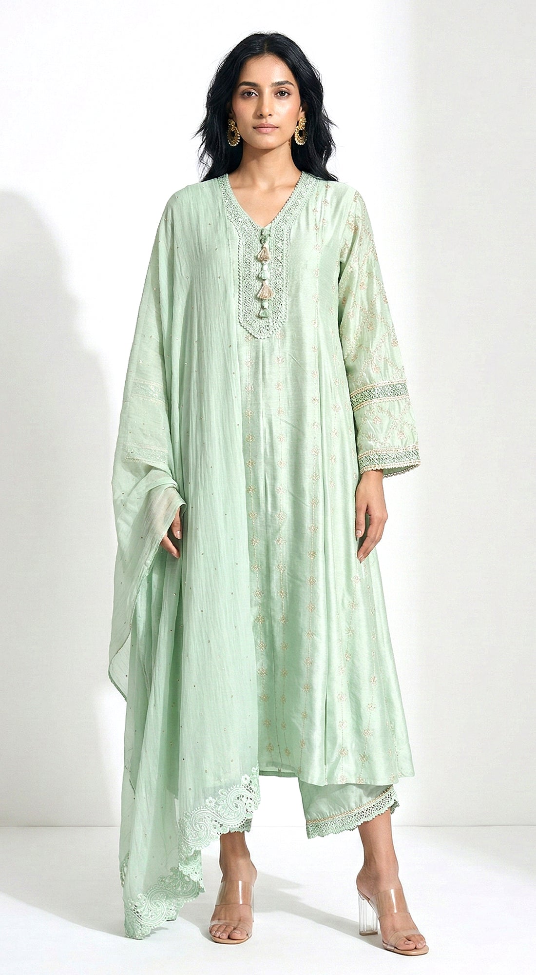 Aqua Chanderi Embroidered Kurta Set