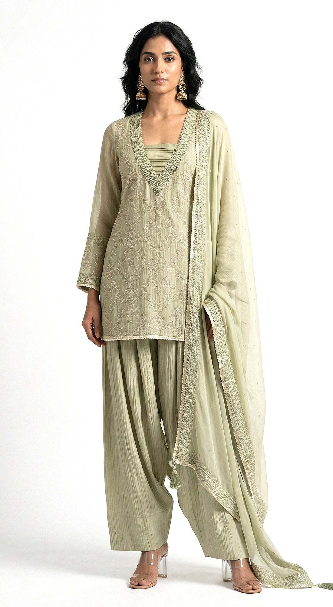 Pista Chanderi Embroidered Kurta Set