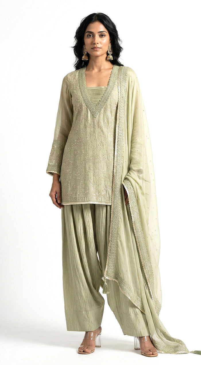 Pista Chanderi Embroidered Kurta Set