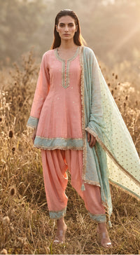 Pink Chanderi Linen embroidered Suit Set
