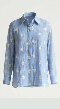 Blue Cotton Thread Embroidered Shirt