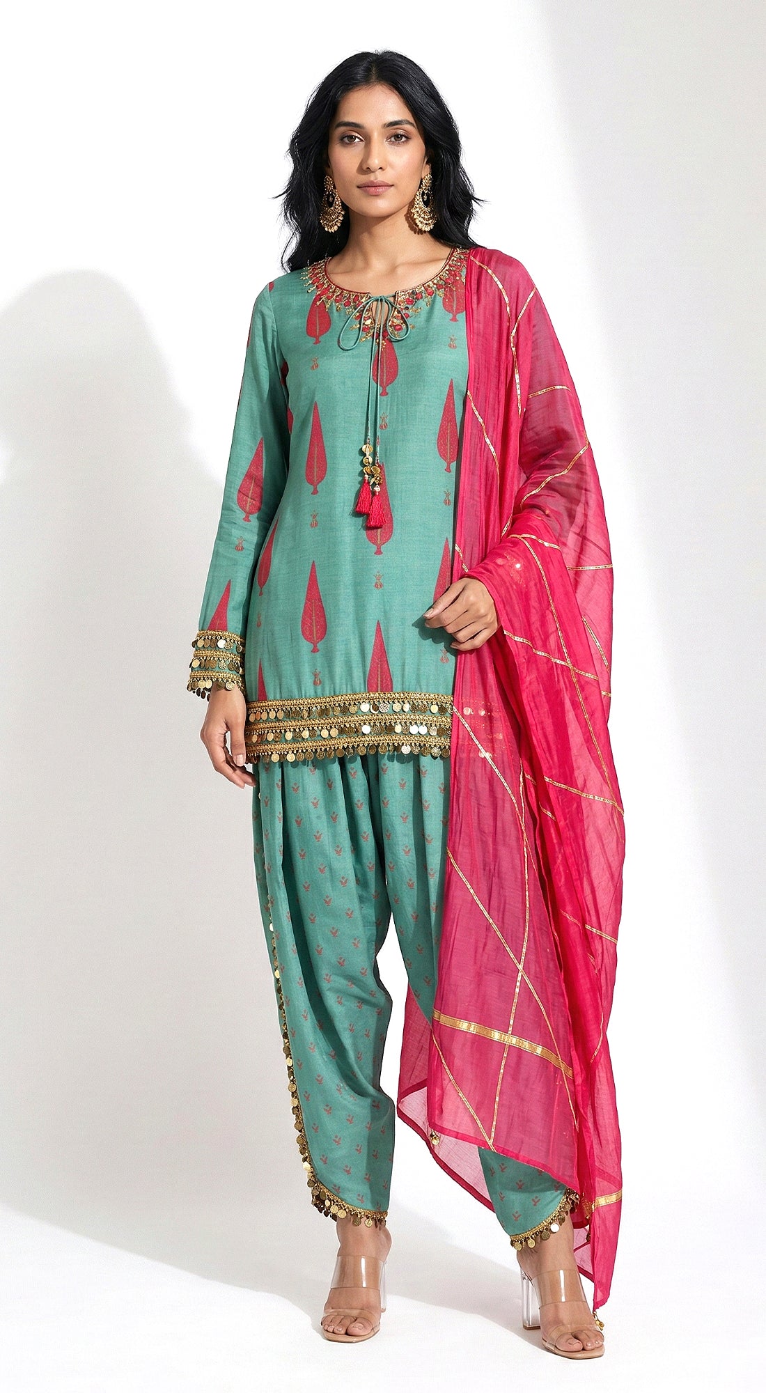 Green Muslin Embroidered Kurta Set