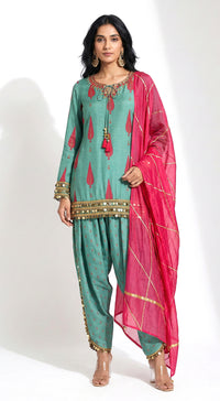 Green Muslin Embroidered Kurta Set