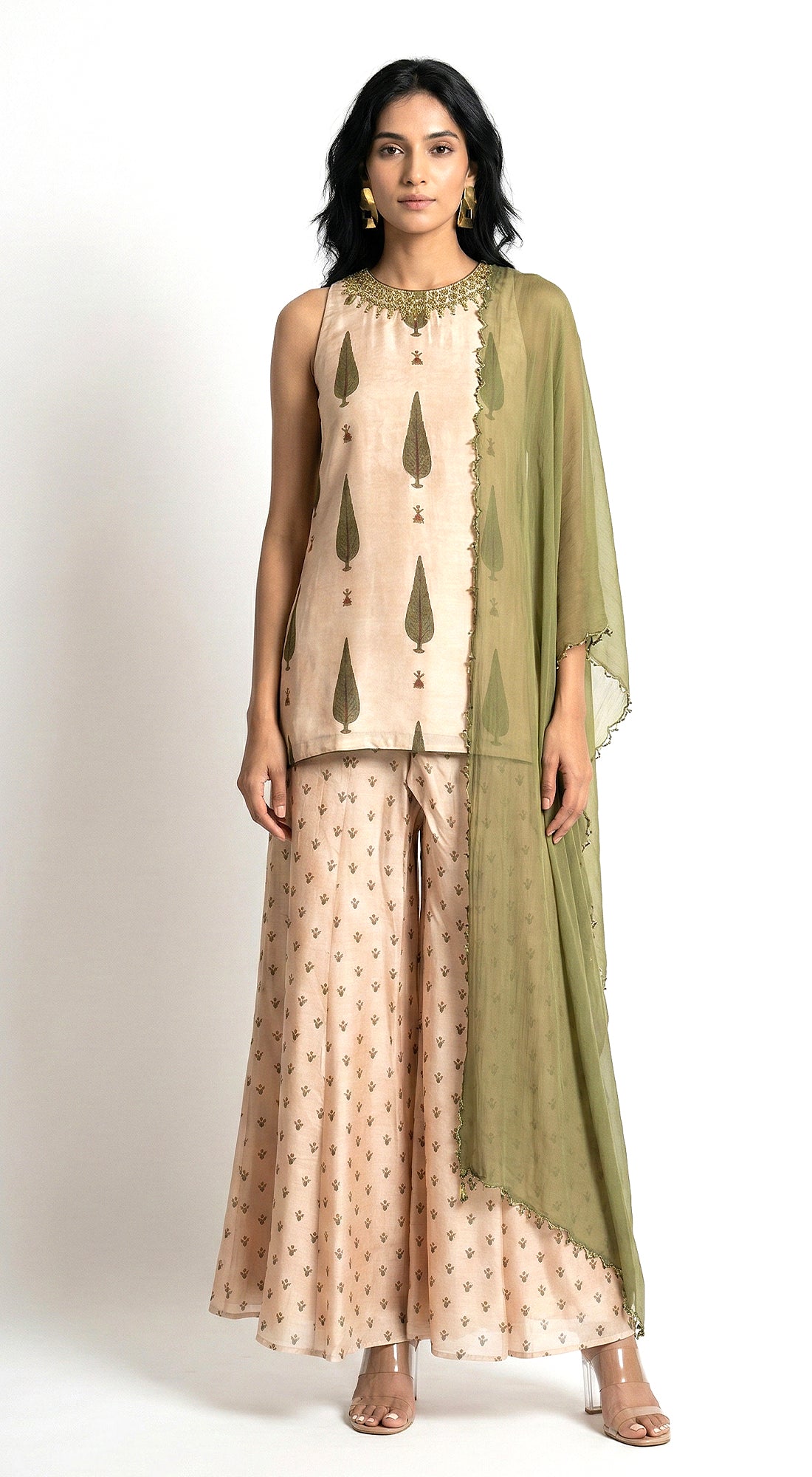 Beige Muslin Embroidered Palazzo Set