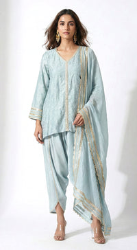 Blue Linen Embroidered Kurta Set