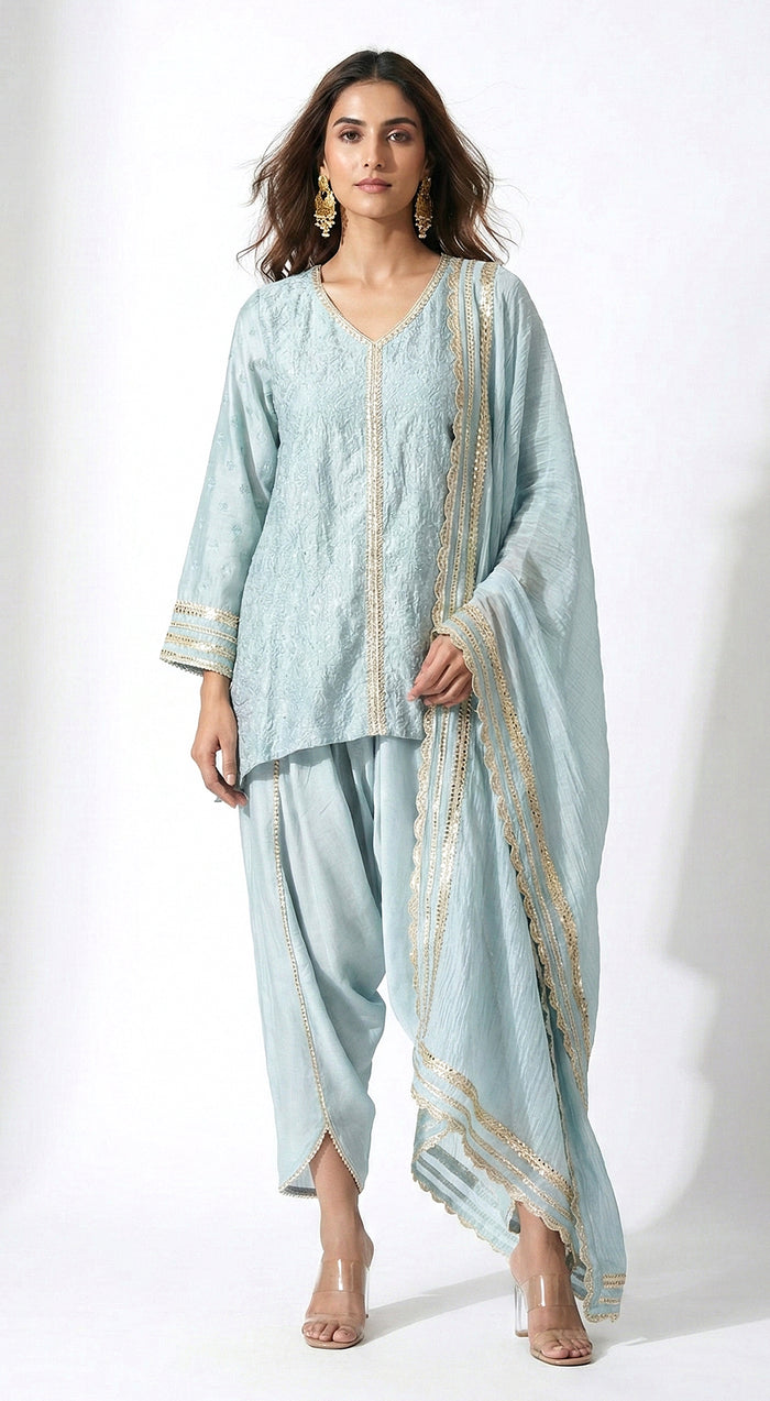 Blue Linen Embroidered Kurta Set