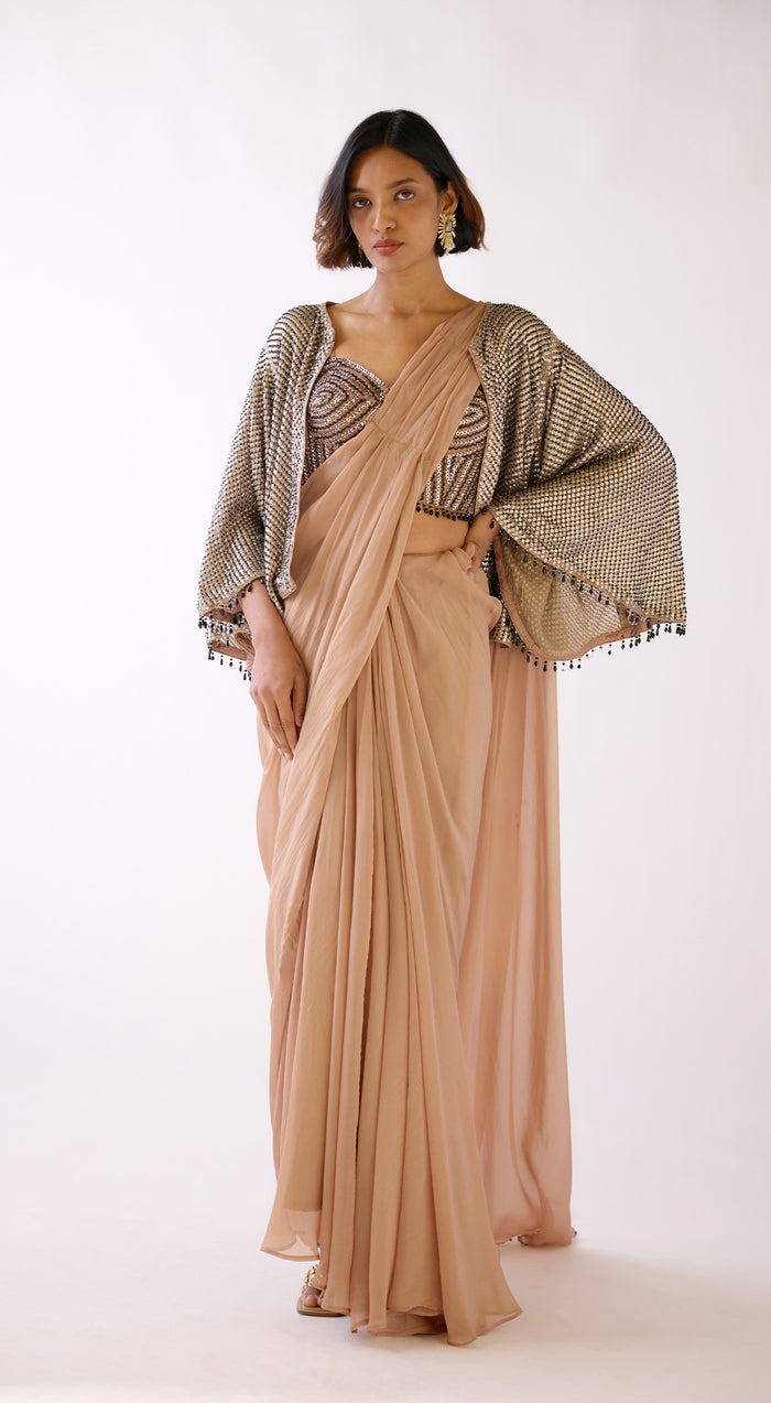 Brown Embroidered Saree with Jacket