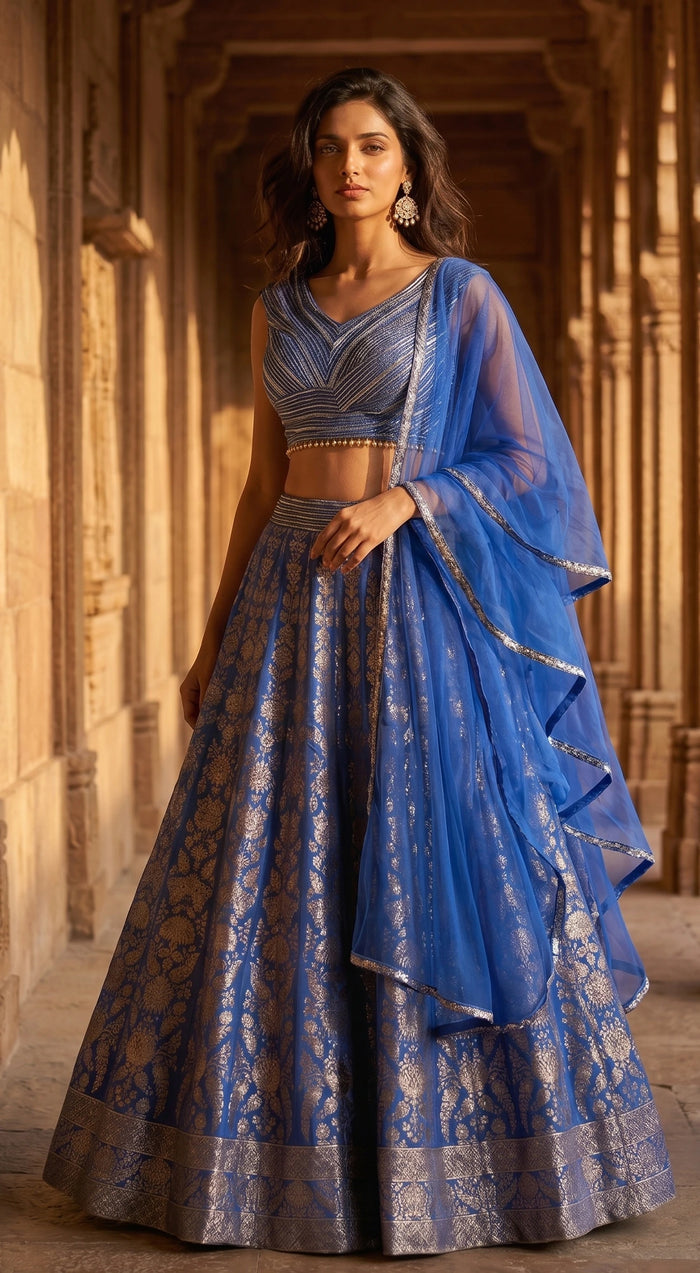 Blue Banarasi Embroidered Lehenga with Ruffled Dupatta