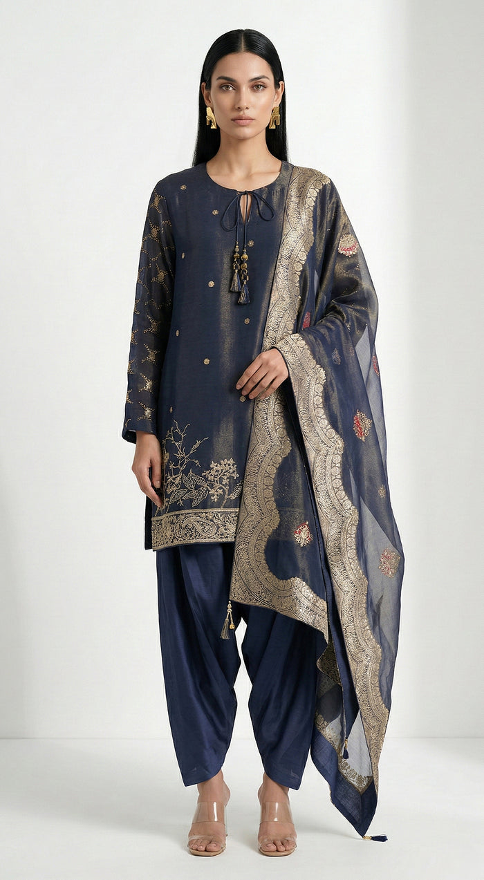 Blue Banarasi Embroidered Kurta Set