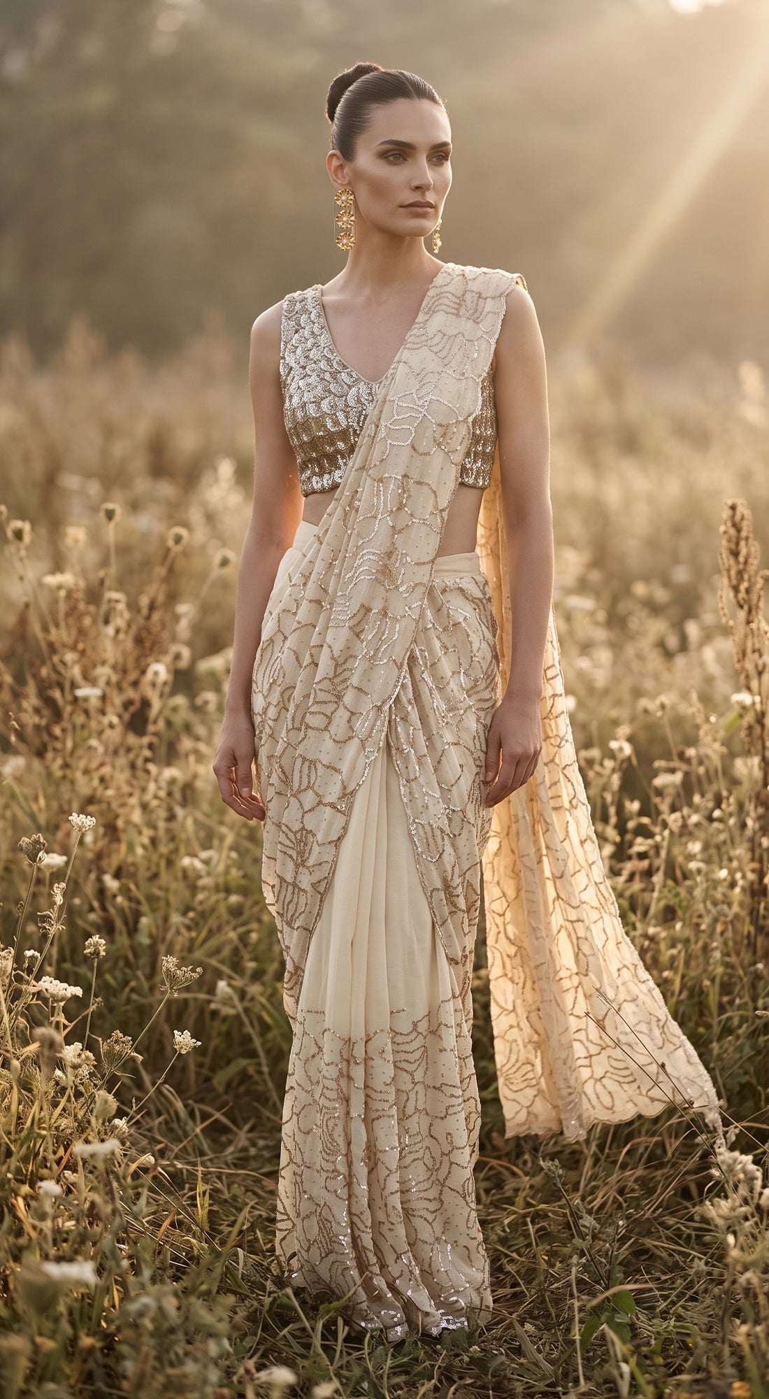 Ivory Organza Embroidered Draped Saree