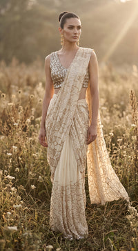 Ivory Organza Embroidered Draped Saree