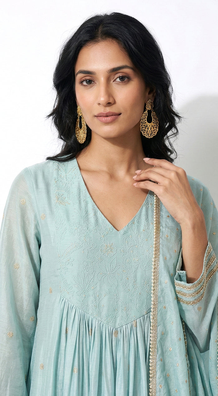 Aqua Cotton Embroidered Anarkali Kurta Set