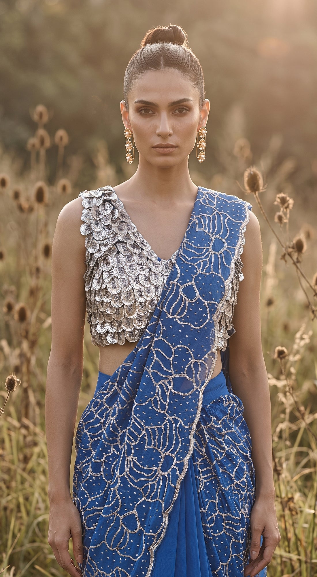 Blue Organza Embroidered Draped Saree