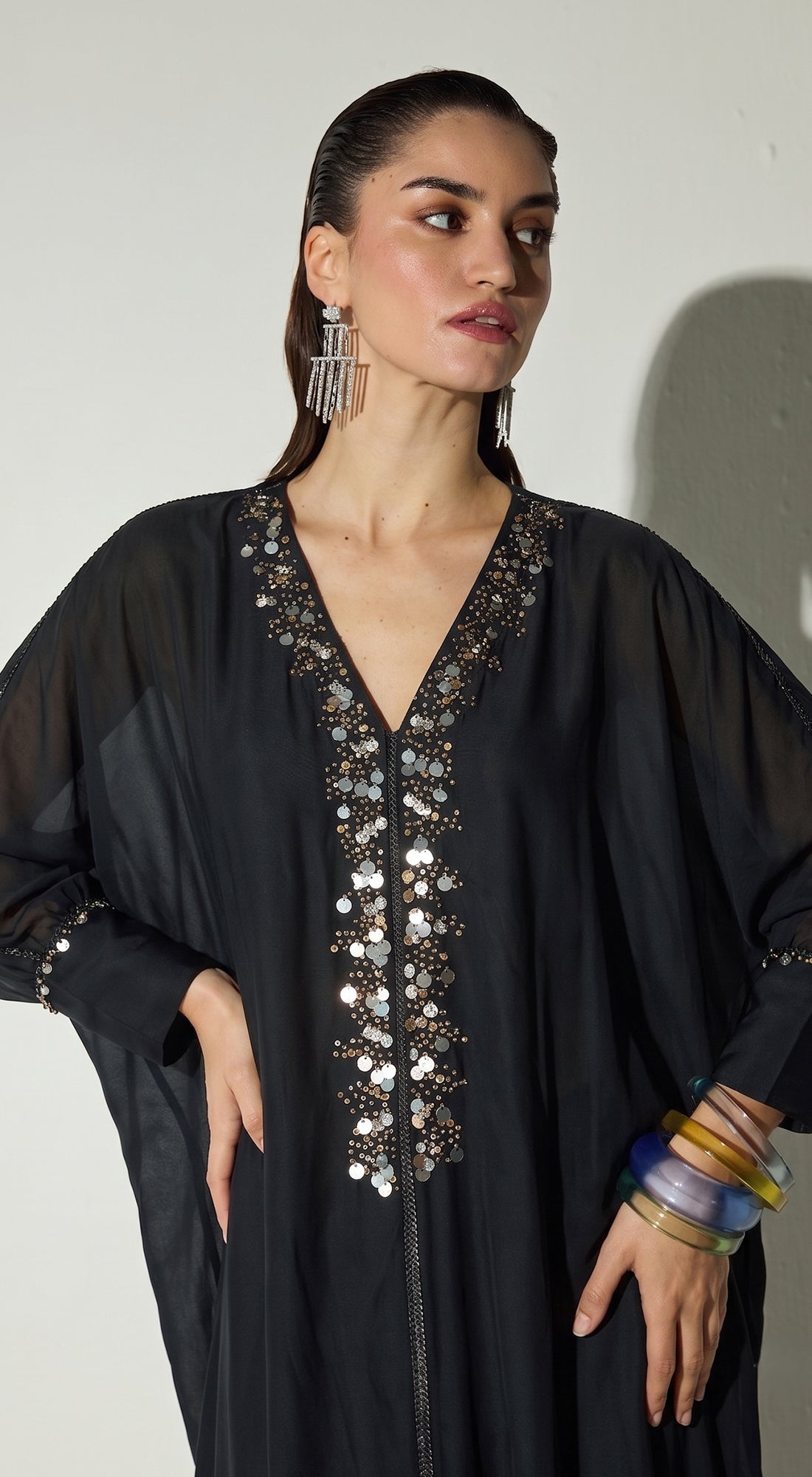Black Satin Embroidered Kaftan Set