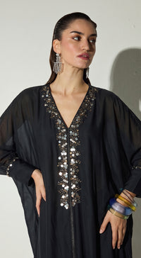 Black Satin Embroidered Kaftan Set
