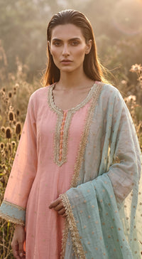 Pink Chanderi Linen embroidered Suit Set