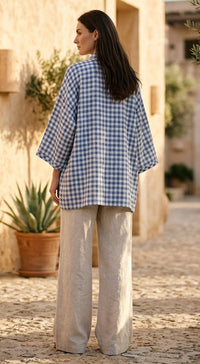 Blue Linen Block Check Shirt