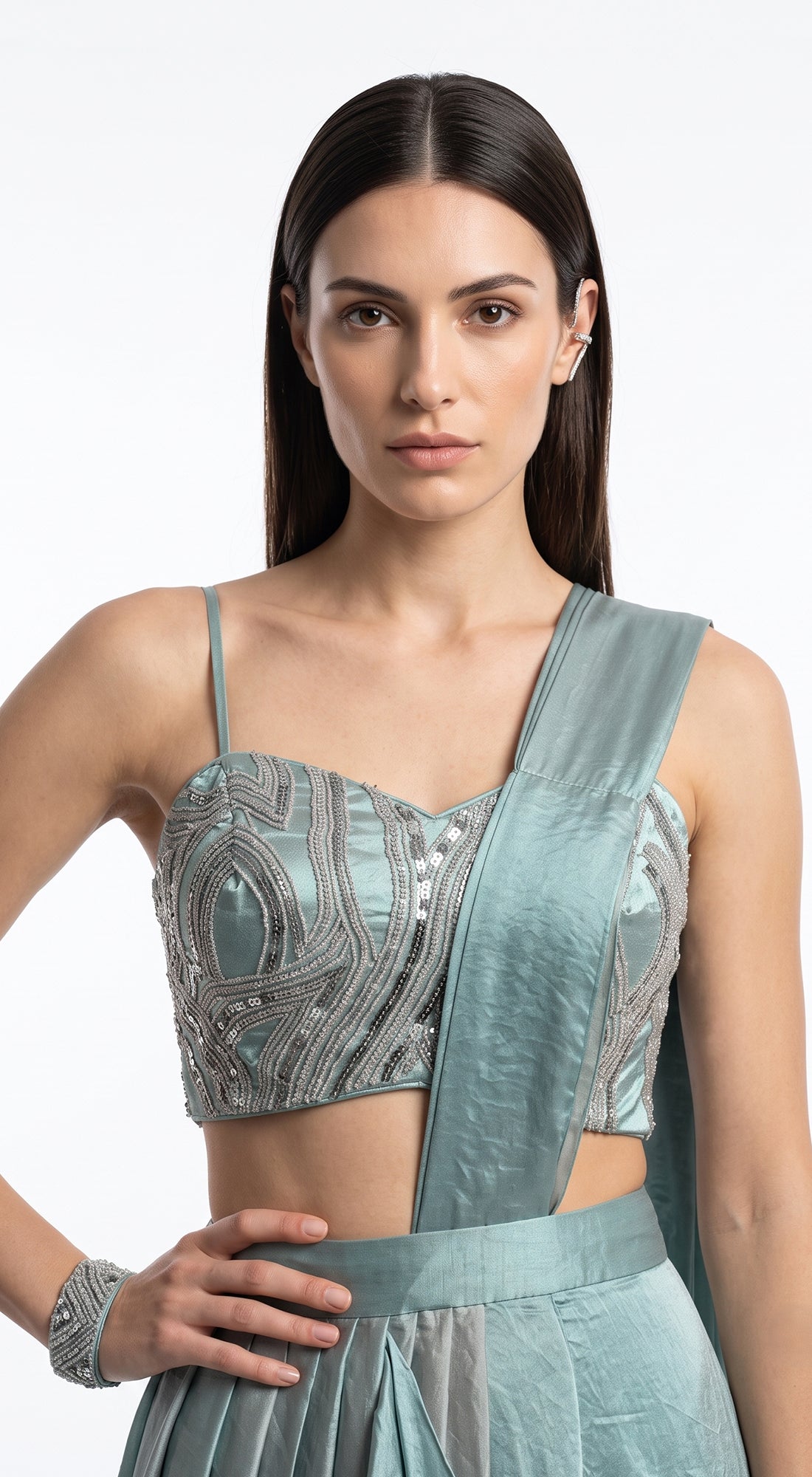 Aqua Crushed Tissue Draped Saree
