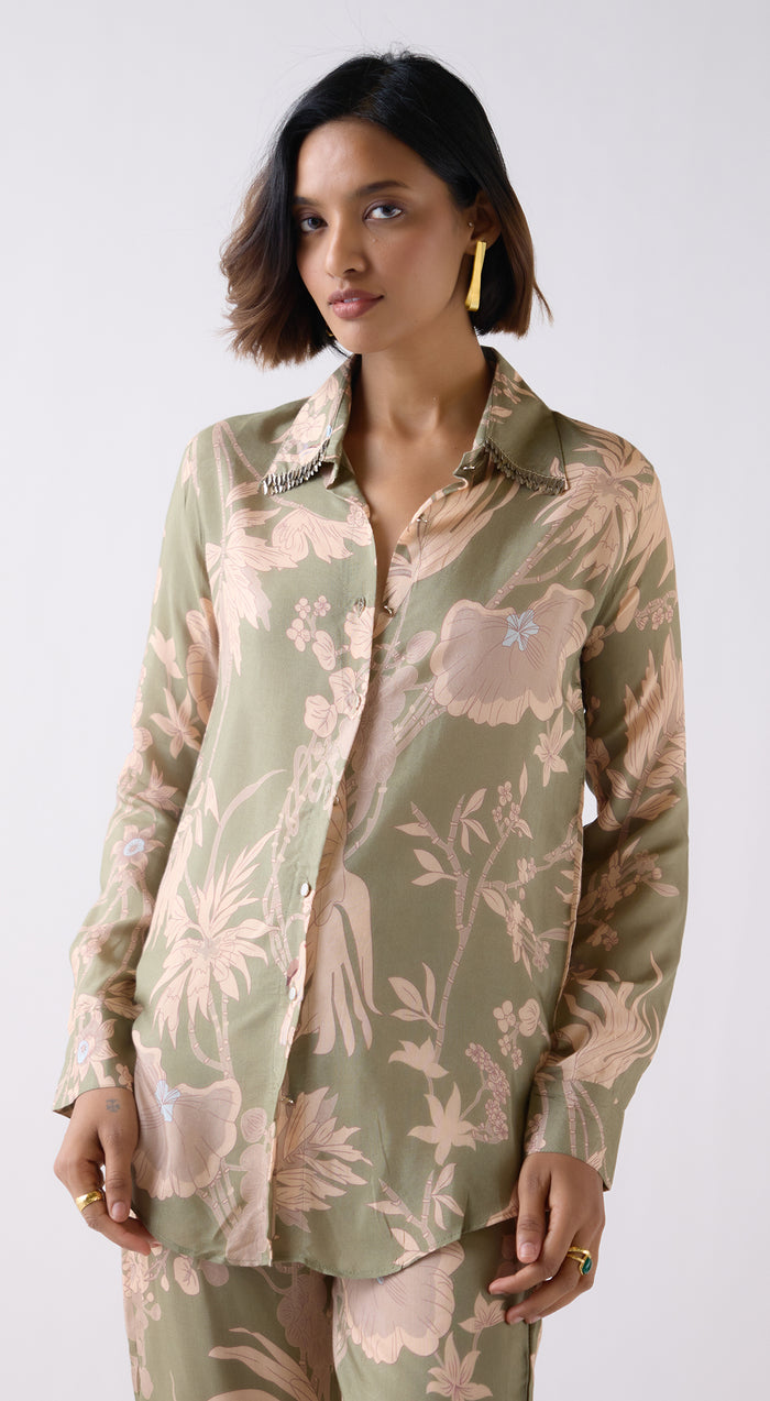 Green Muslin Floral Printed Shirt