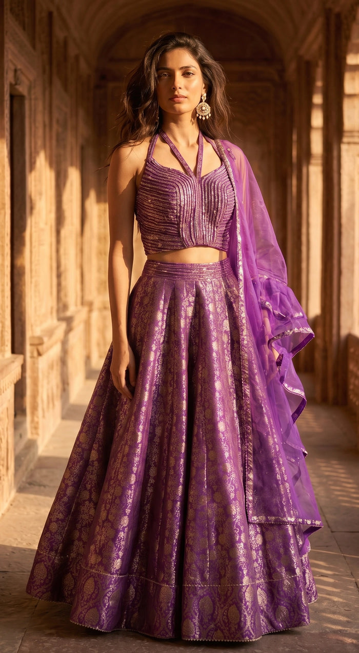 Purple Banarasi Lehenga Set with Ruffled Dupatta