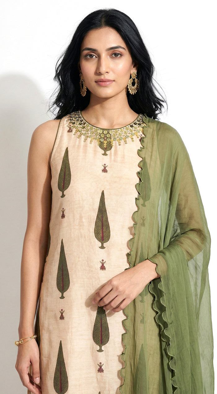 Beige Muslin Embroidered Palazzo Set