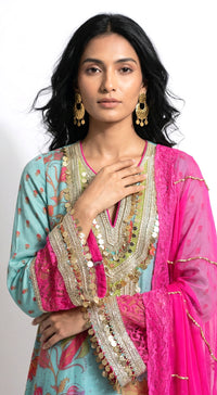 Blue Cotton Silk Embroidered Kurta Set