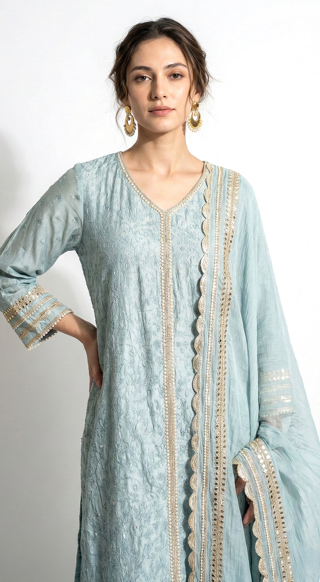 Blue Linen Embroidered Kurta Set