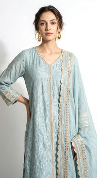 Blue Linen Embroidered Kurta Set