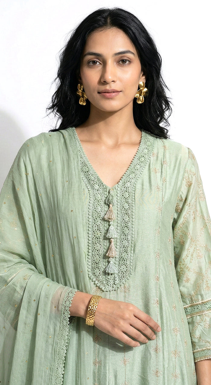 Aqua Chanderi Embroidered Kurta Set