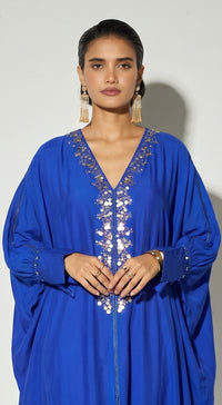 Blue Satin Embroidered Kaftan Set