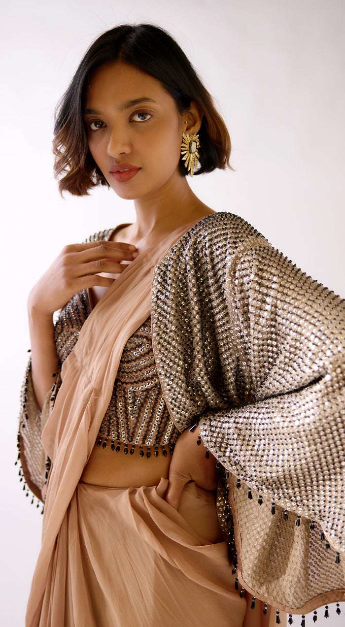 Brown Embroidered Saree with Jacket