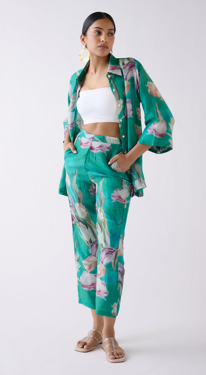 Green Muslin Floral Printed Co-ord Set