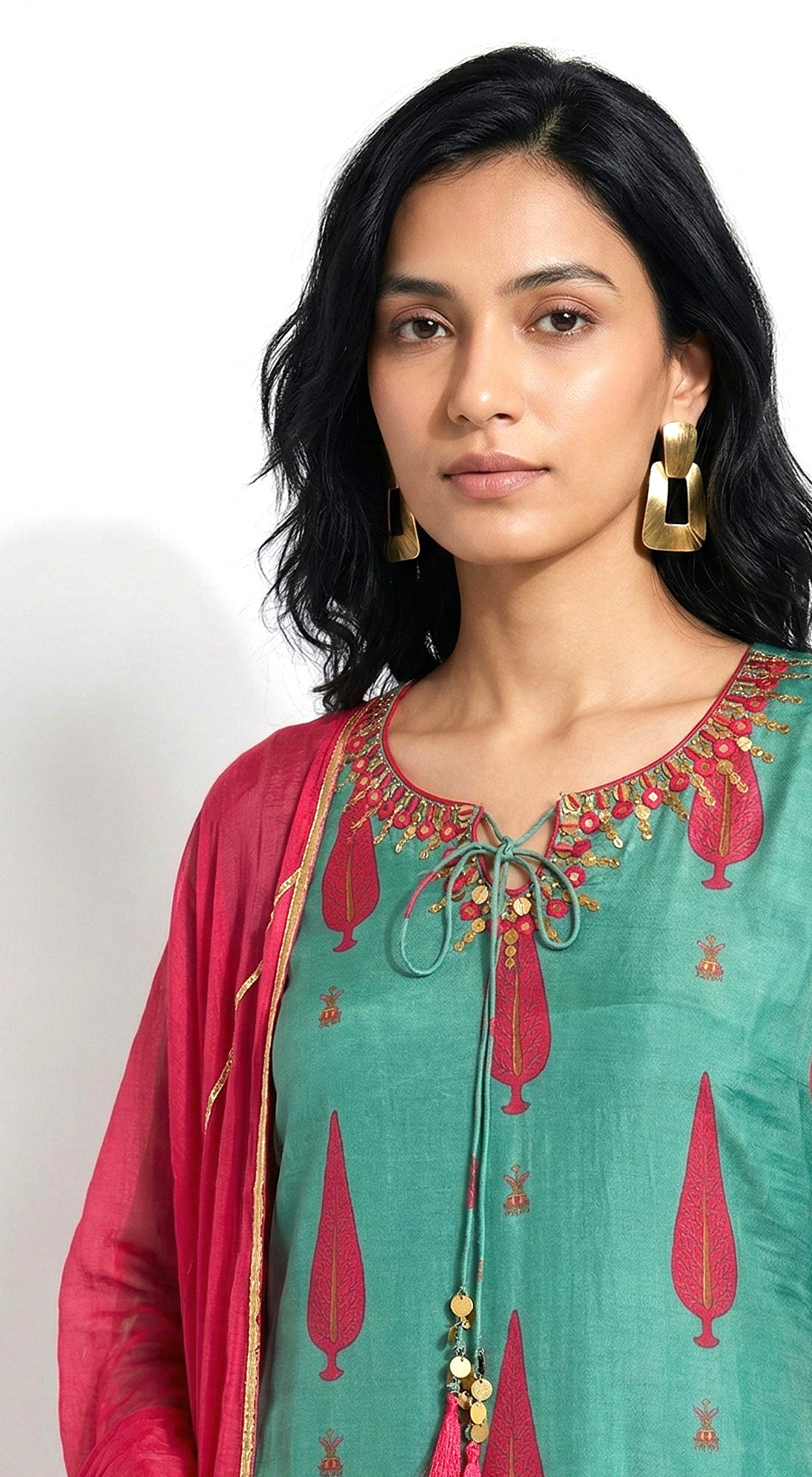 Green Muslin Embroidered Kurta Set
