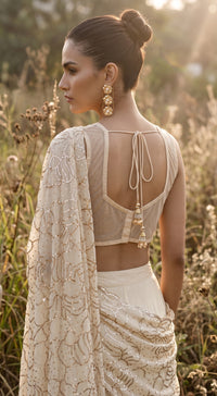 Ivory Organza Embroidered Draped Saree