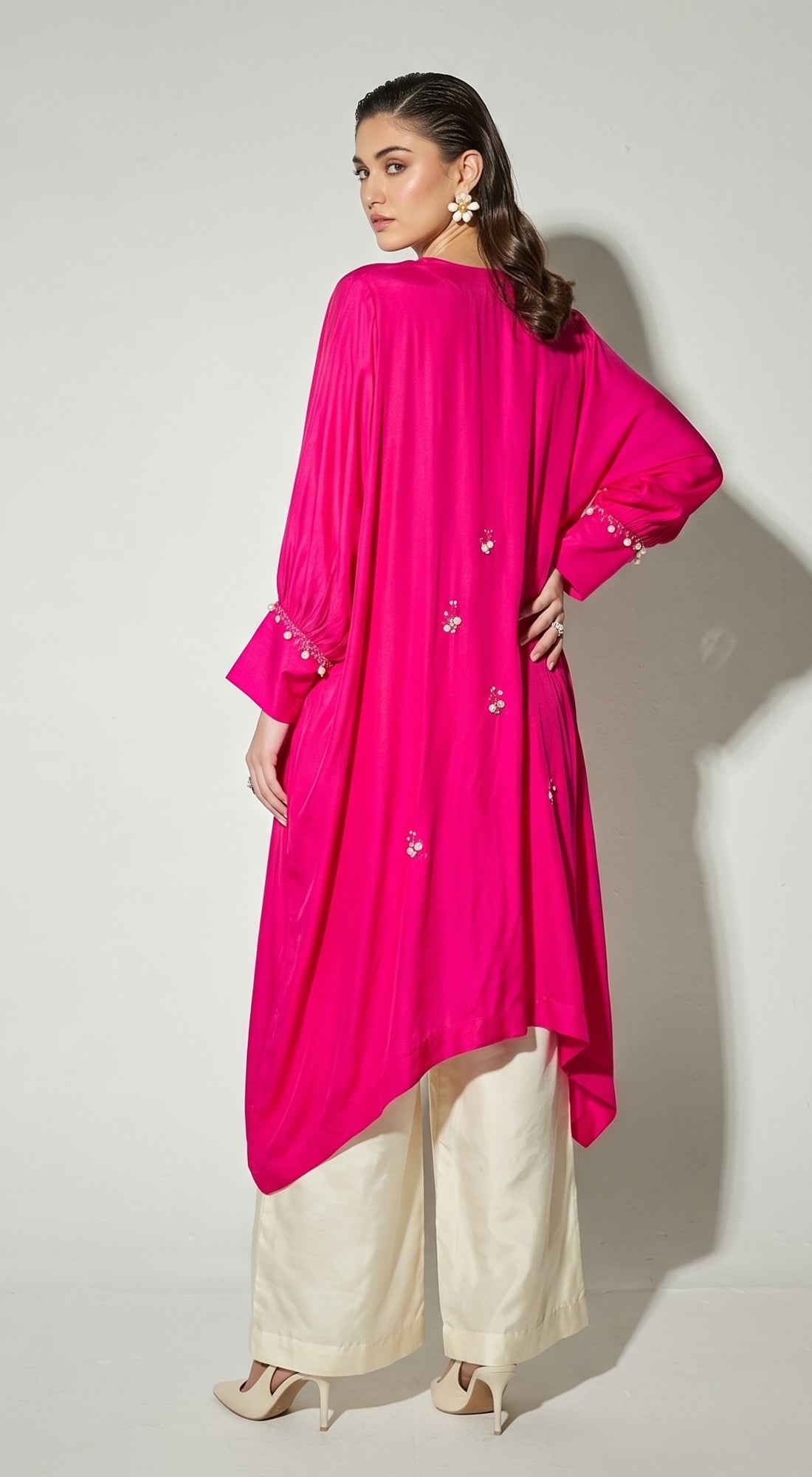 Rani-Pink Satin Embroidered Kaftan Set