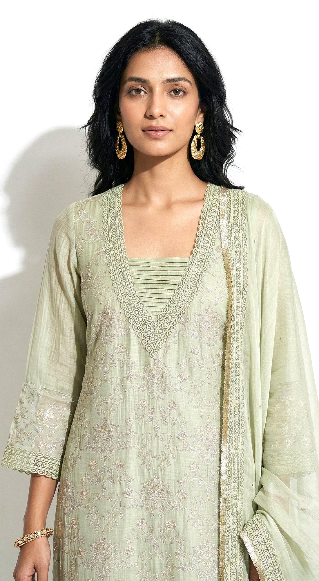 Pista Chanderi Embroidered Kurta Set