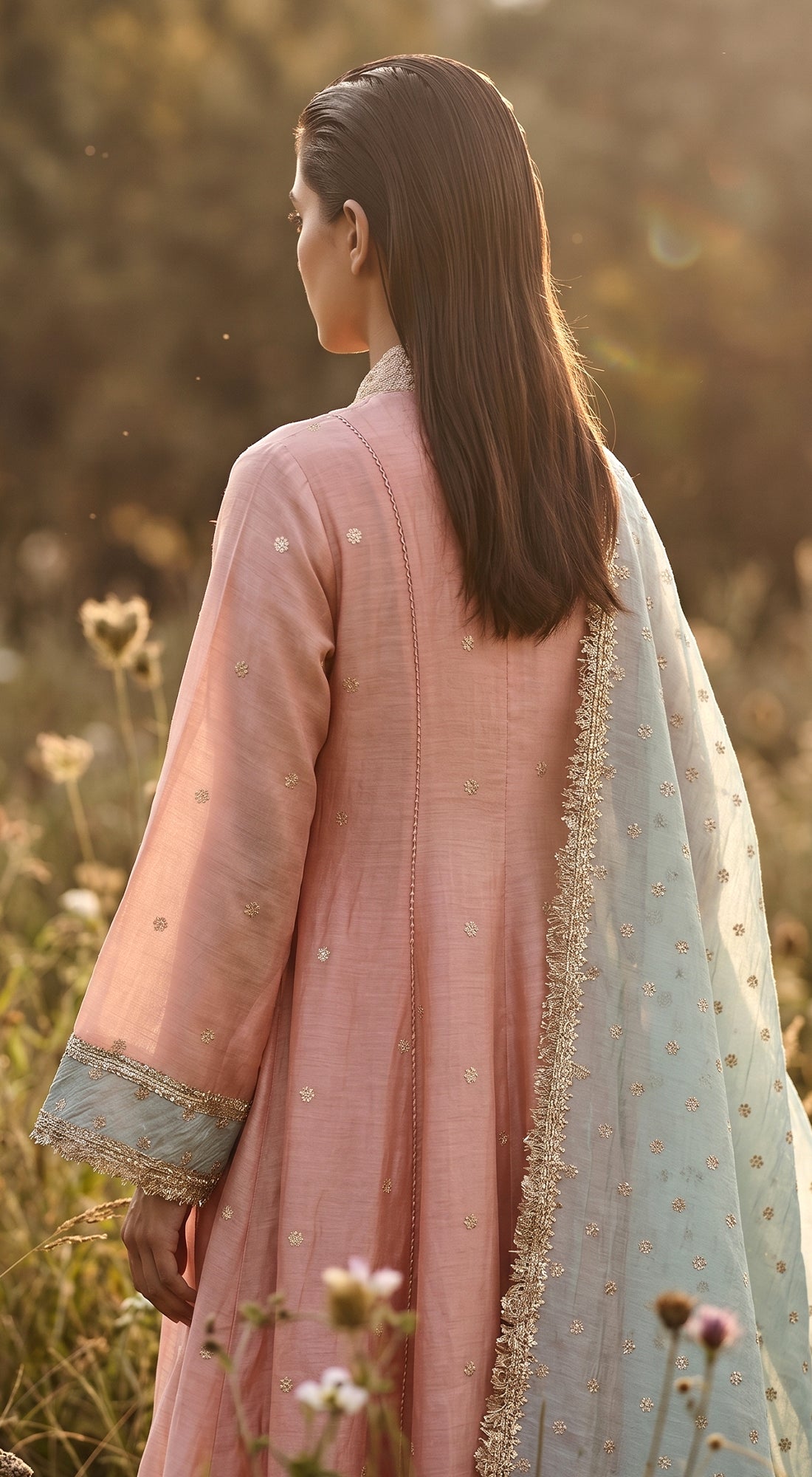 Pink Chanderi Linen embroidered Suit Set