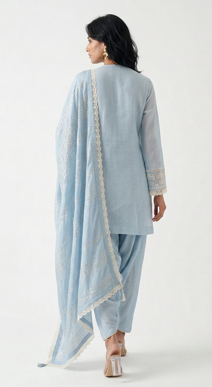 Blue Cotton Chanderi Embroidered Kurta Set