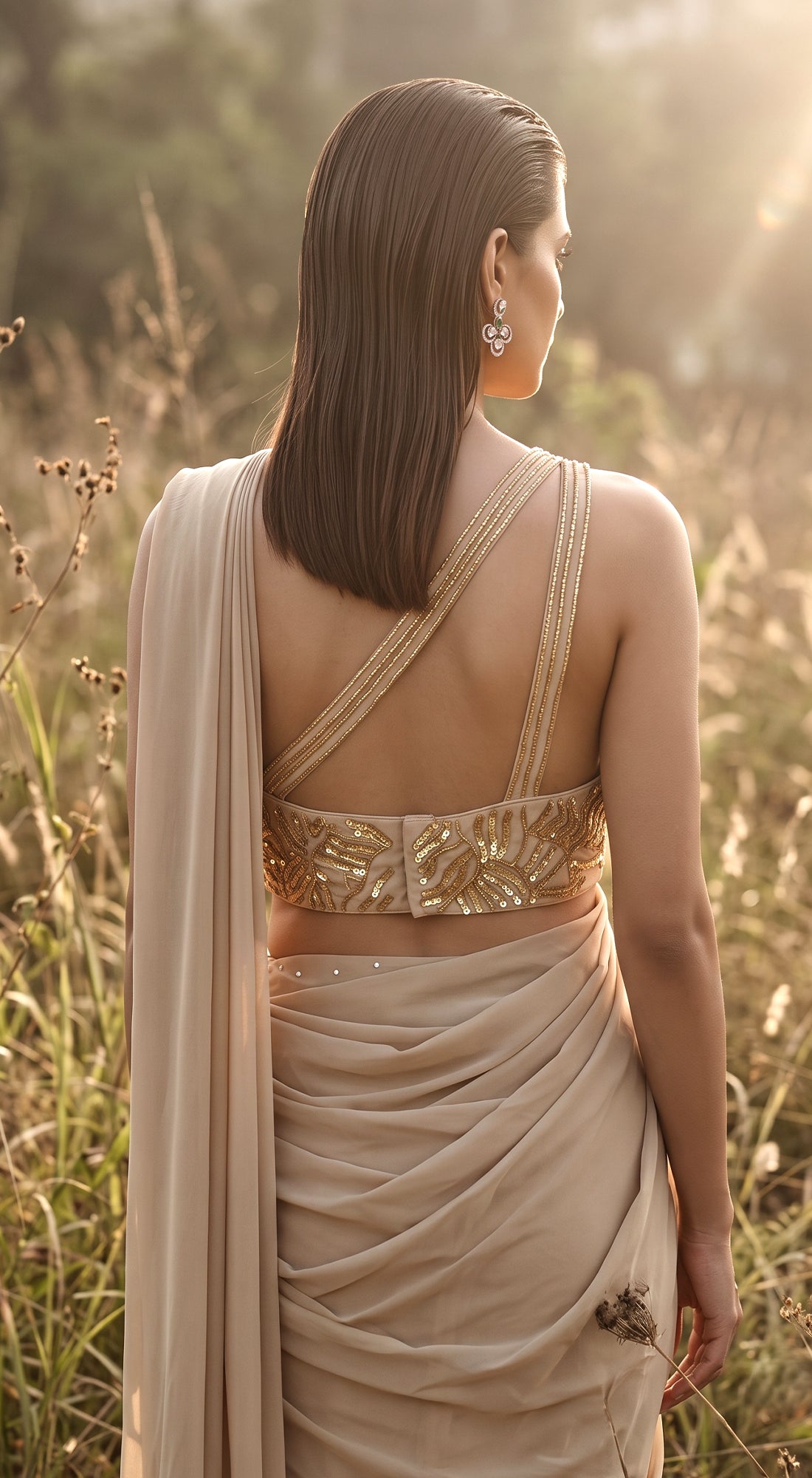 Beige Georgette Embroidered Draped Saree