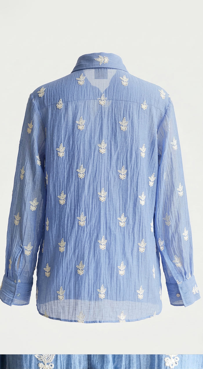 Blue Cotton Thread Embroidered Shirt