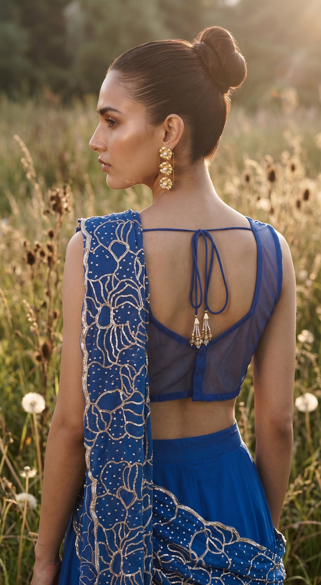 Blue Organza Embroidered Draped Saree