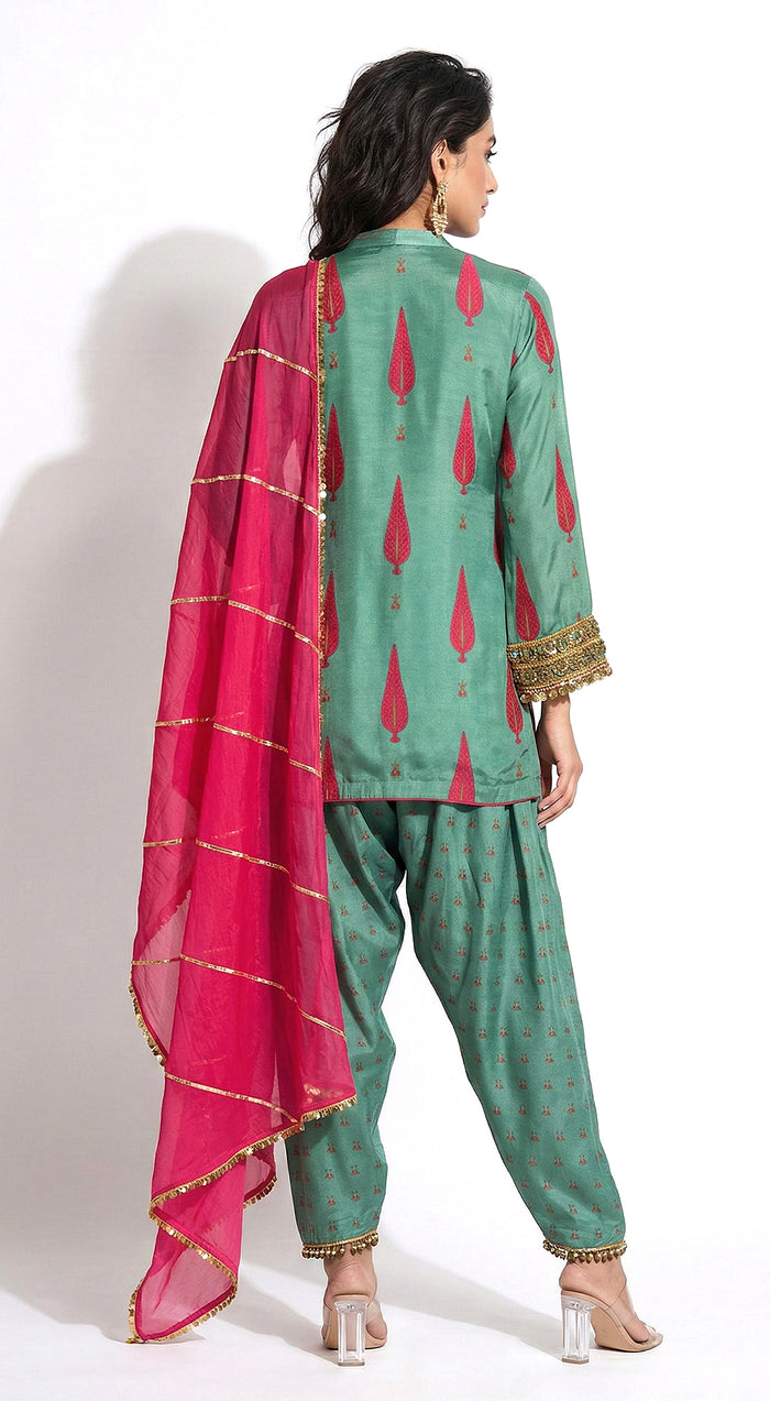 Green Muslin Embroidered Kurta Set