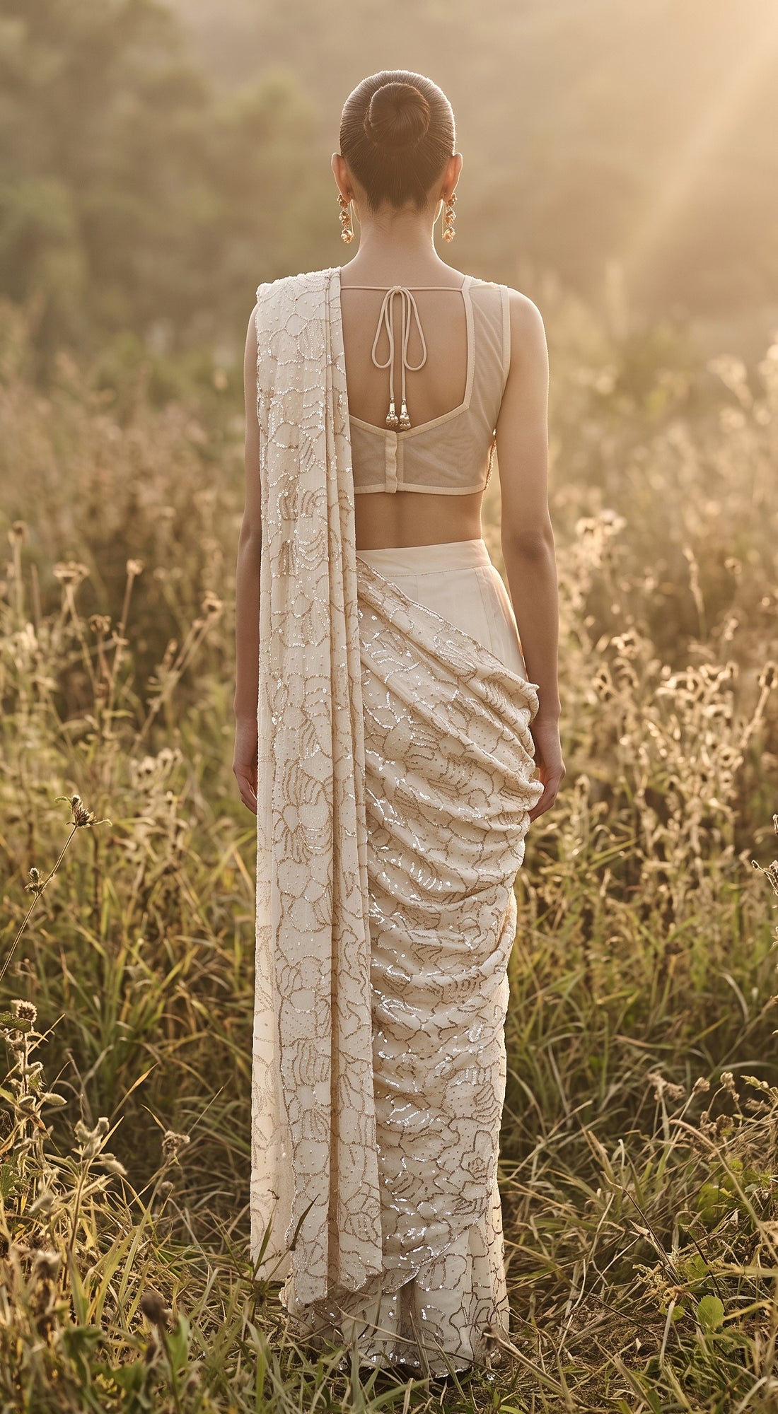 Ivory Organza Embroidered Draped Saree