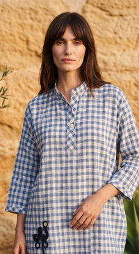 Blue Linen Block Check Shirt