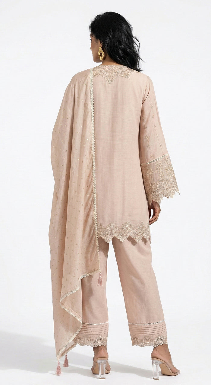 Peach Cotton Chanderi Embroidered Kurta Set