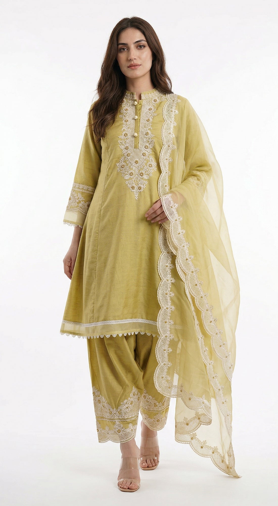 Pista Cotton Embroidered Kurta Set