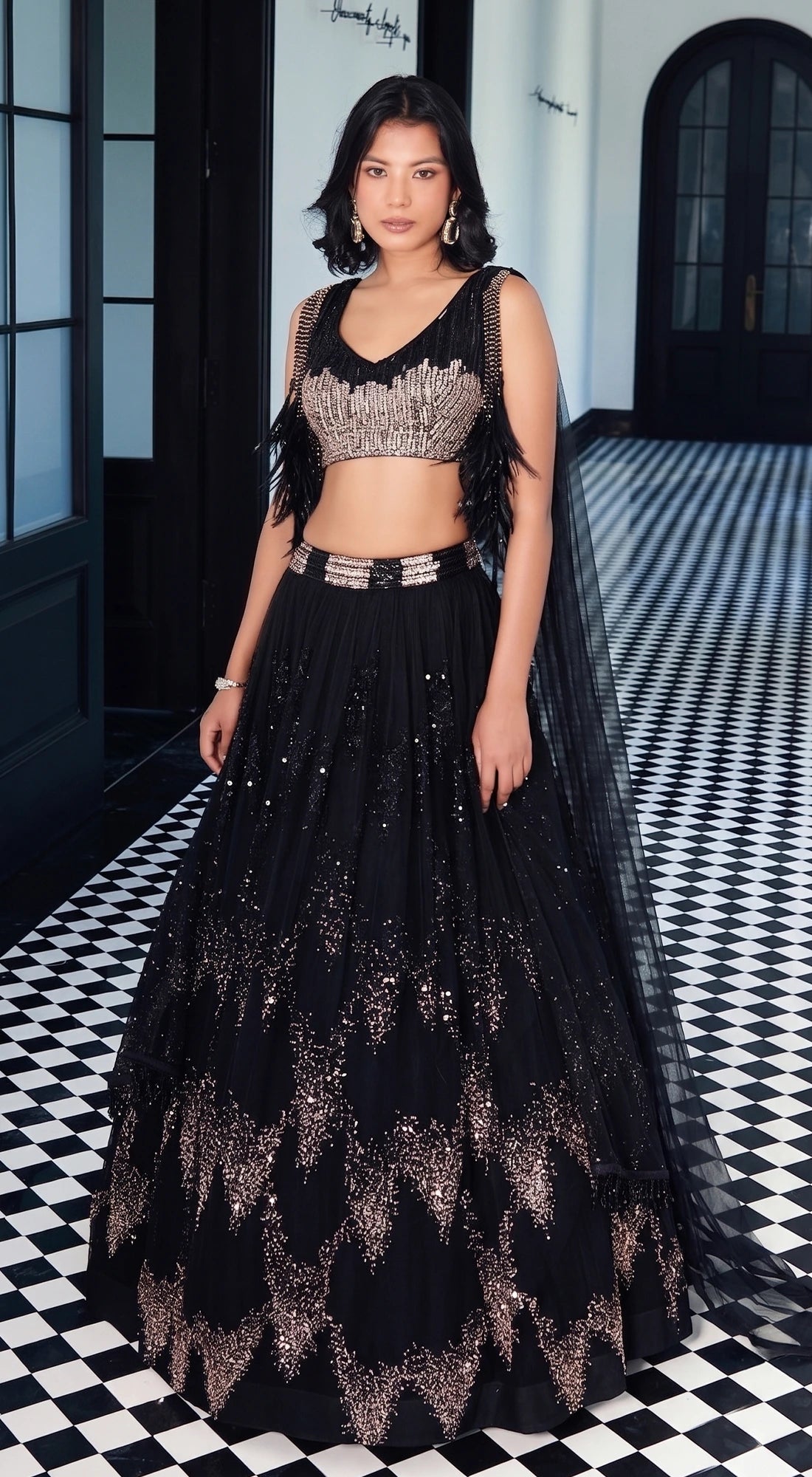 Black Sequins Net Embroidered Lehenga Set