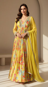 Lime Georgette Embellished Anarkali Set