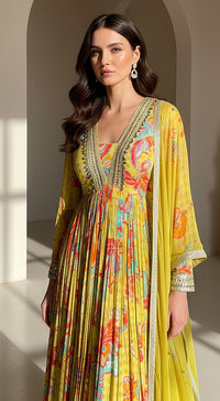 Lime Georgette Embellished Anarkali Set