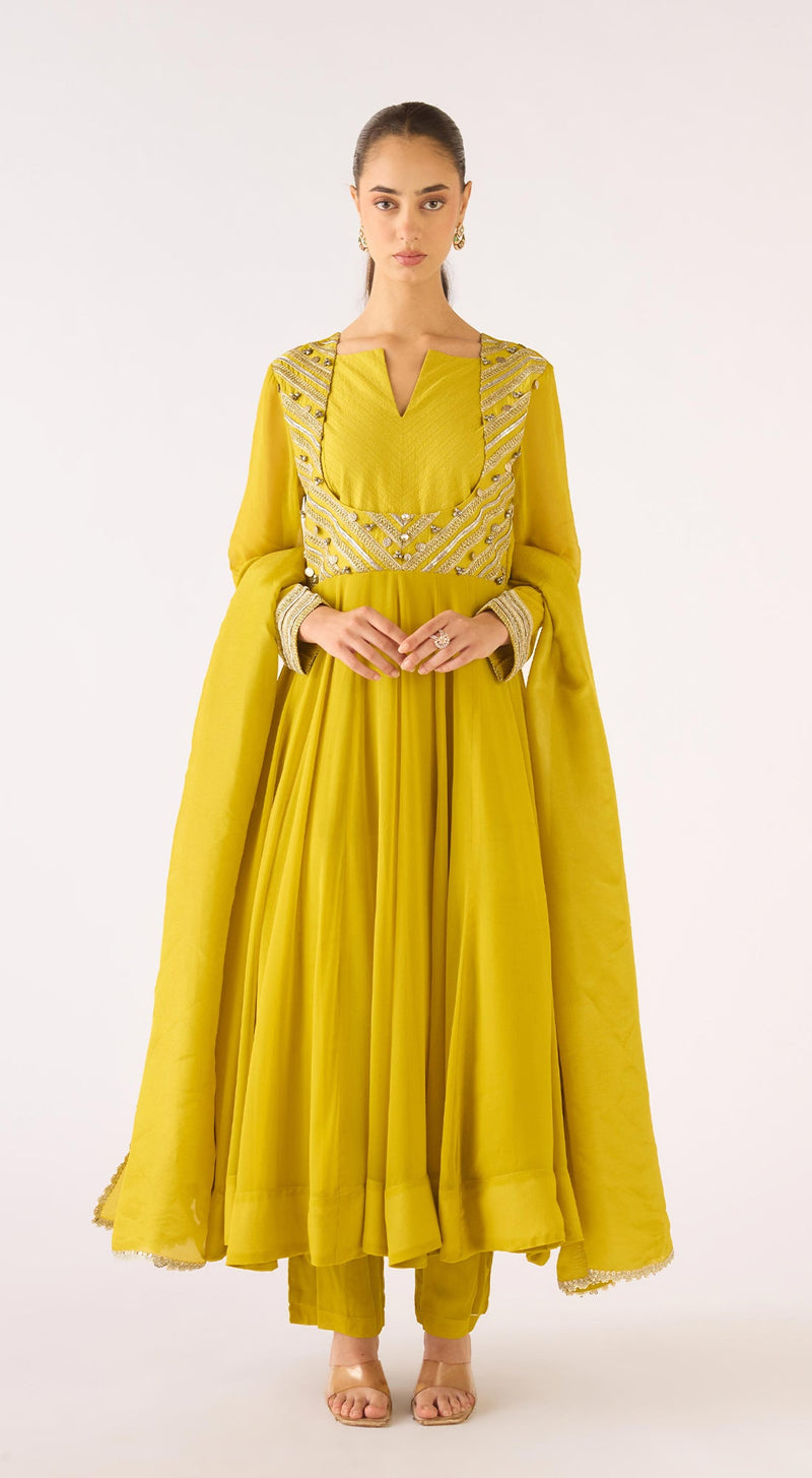 Lime Georgette Embroidered Anarkali Set